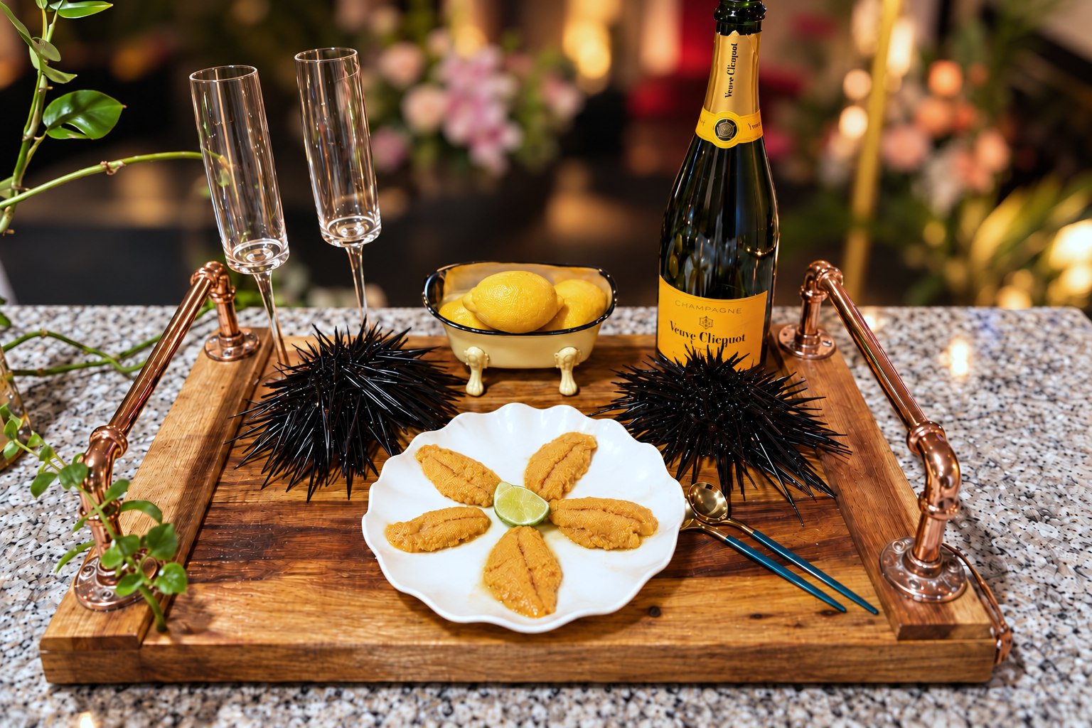 Fresh uni on a white plate with whole live sea urchins and champagne on a wood serving board