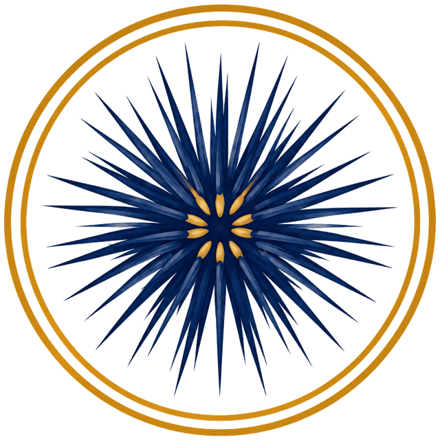 La Jolla Seafood emblem — a radial sea urchin motif in navy with a gold center, framed by a double gold ring